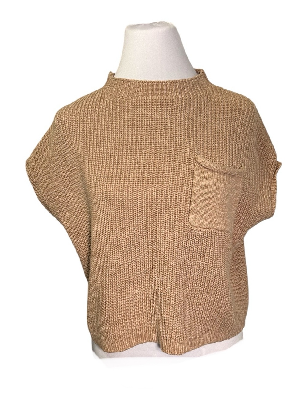 E FAN Camel Beige Knit 100% Cotton Sweater Size S Cropped Sleeveless Layering